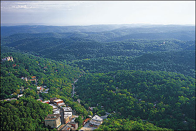 Aerial view of historic downtown Eureka Springs